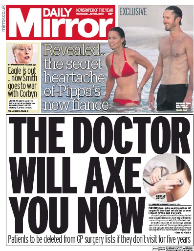 Daily Mirror Newspaper Front Page (UK) for 20 July 2016