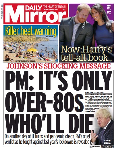 Daily Mirror Newspaper Front Page (UK) for 20 July 2021