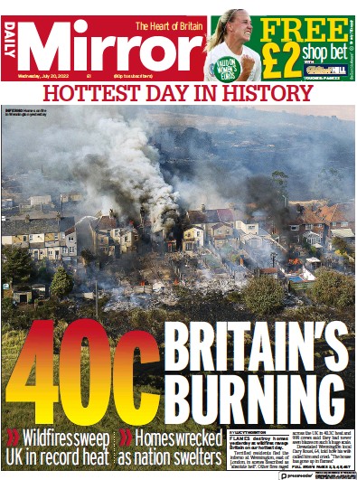 Daily Mirror Newspaper Front Page (UK) for 20 July 2022