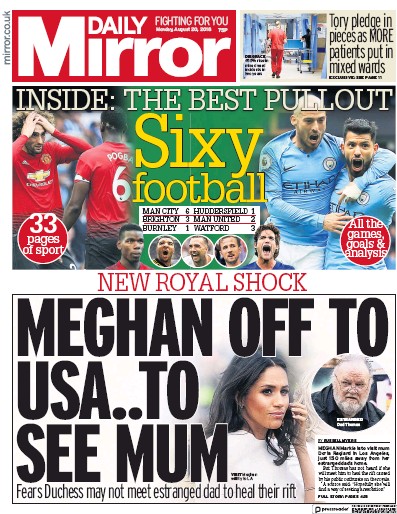 Daily Mirror Newspaper Front Page (UK) for 20 August 2018