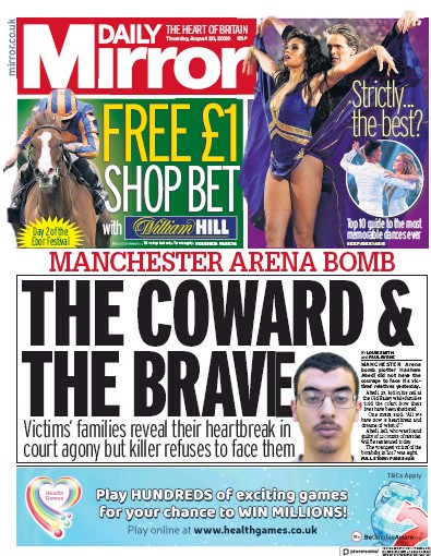 Daily Mirror Newspaper Front Page (UK) for 20 August 2020