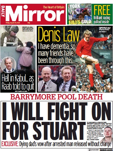 Daily Mirror Newspaper Front Page (UK) for 20 August 2021