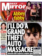 Daily Mirror Newspaper Front Page (UK) for 20 September 2011