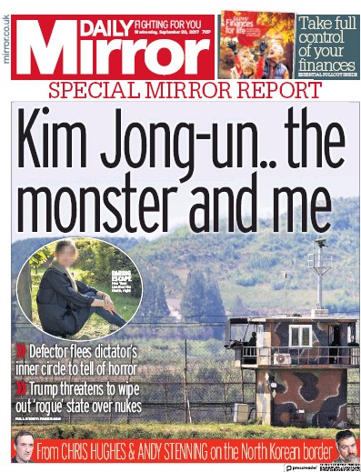 Daily Mirror Newspaper Front Page (UK) for 20 September 2017