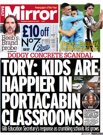 Daily Mirror Newspaper Front Page (UK) for 20 September 2023