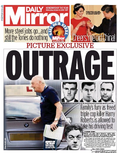 Daily Mirror Newspaper Front Page (UK) for 21 October 2015