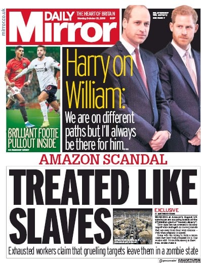 Daily Mirror Newspaper Front Page (UK) for 21 October 2019