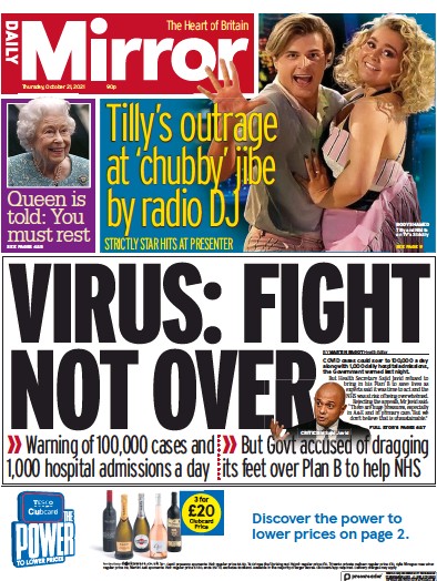 Daily Mirror Newspaper Front Page (UK) for 21 October 2021