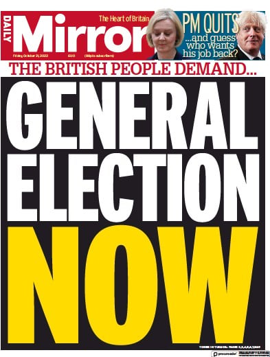 Daily Mirror Newspaper Front Page (UK) for 21 October 2022