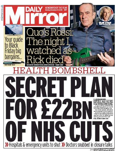 Daily Mirror Newspaper Front Page (UK) for 21 November 2016
