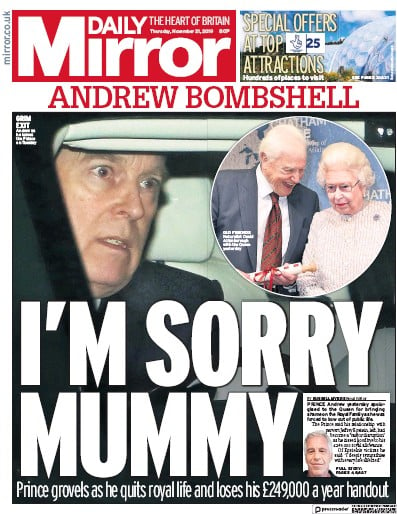 Daily Mirror Newspaper Front Page (UK) for 21 November 2019