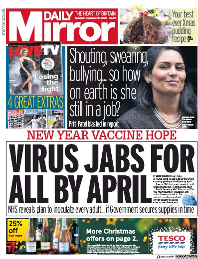 Daily Mirror Newspaper Front Page (UK) for 21 November 2020