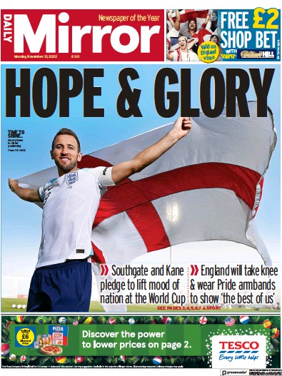 Daily Mirror Newspaper Front Page (UK) for 21 November 2022