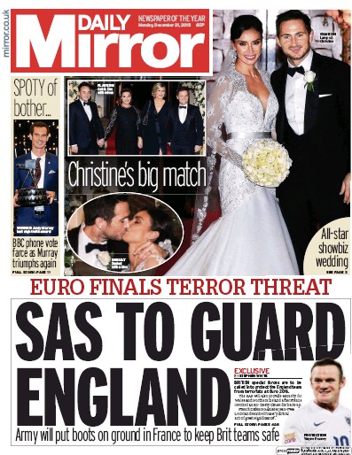 Daily Mirror Newspaper Front Page (UK) for 21 December 2015