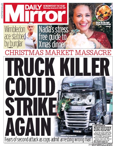 Daily Mirror Newspaper Front Page (UK) for 21 December 2016