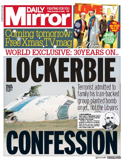 Daily Mirror Newspaper Front Page (UK) for 21 December 2018