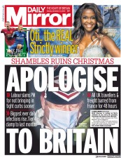 Daily Mirror (UK) Newspaper Front Page for 21 December 2020