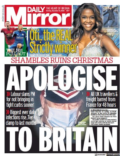 Daily Mirror Newspaper Front Page (UK) for 21 December 2020