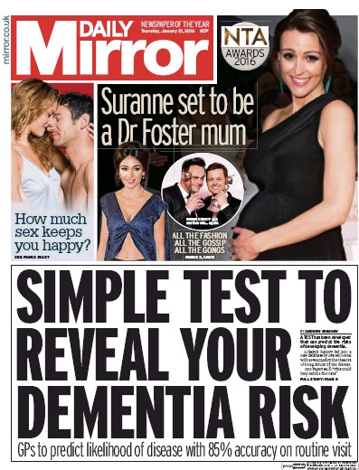 Daily Mirror Newspaper Front Page (UK) for 21 January 2016