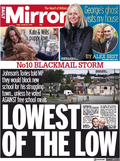 Daily Mirror Newspaper Front Page (UK) for 21 January 2022