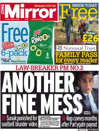 Daily Mirror Newspaper Front Page (UK) for 21 January 2023