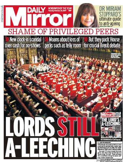 Daily Mirror Newspaper Front Page (UK) for 21 February 2017