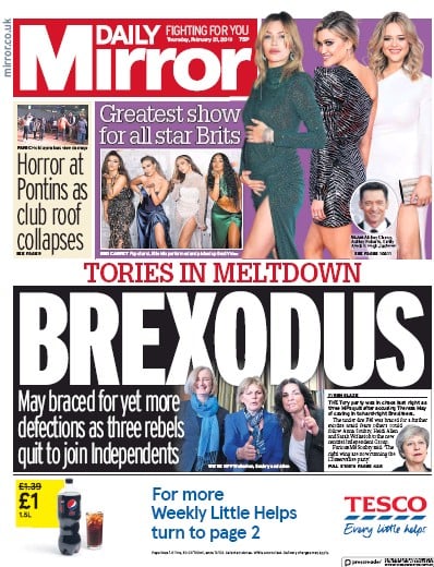 Daily Mirror Newspaper Front Page (UK) for 21 February 2019