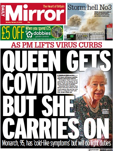 Daily Mirror Newspaper Front Page (UK) for 21 February 2022