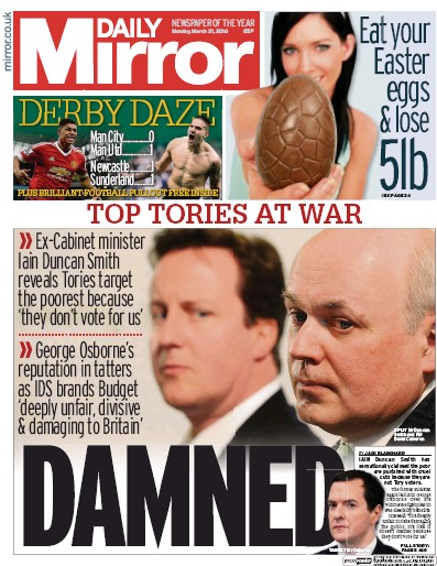 Daily Mirror Newspaper Front Page (UK) for 21 March 2016