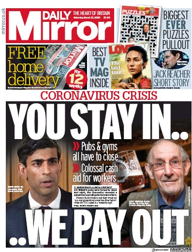 Daily Mirror Newspaper Front Page (UK) for 21 March 2020