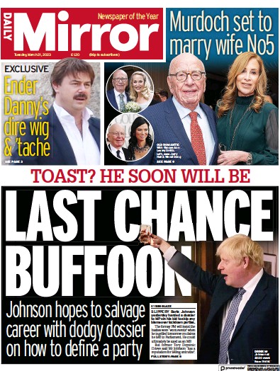 Daily Mirror Newspaper Front Page (UK) for 21 March 2023
