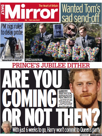 Daily Mirror Newspaper Front Page (UK) for 21 April 2022