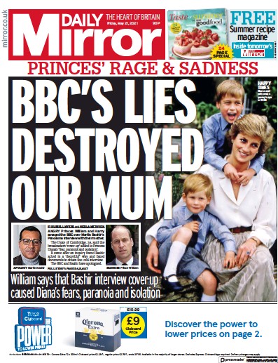 Daily Mirror Newspaper Front Page (UK) for 21 May 2021