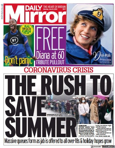 Daily Mirror Newspaper Front Page (UK) for 21 June 2021