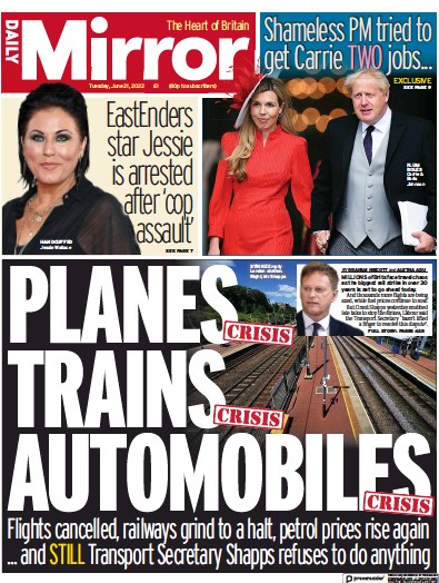 Daily Mirror Newspaper Front Page (UK) for 21 June 2022