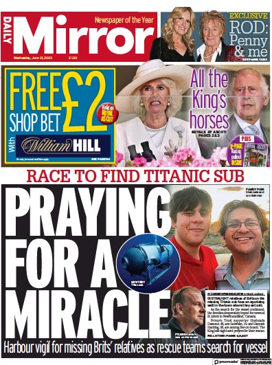 Daily Mirror Newspaper Front Page (UK) for 21 June 2023