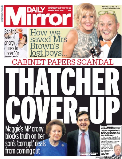 Daily Mirror Newspaper Front Page (UK) for 21 July 2016