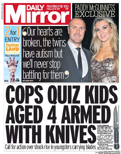 Daily Mirror Newspaper Front Page (UK) for 21 July 2017