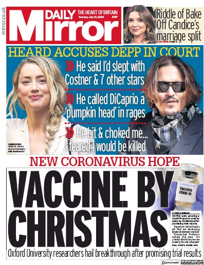 Daily Mirror Newspaper Front Page (UK) for 21 July 2020