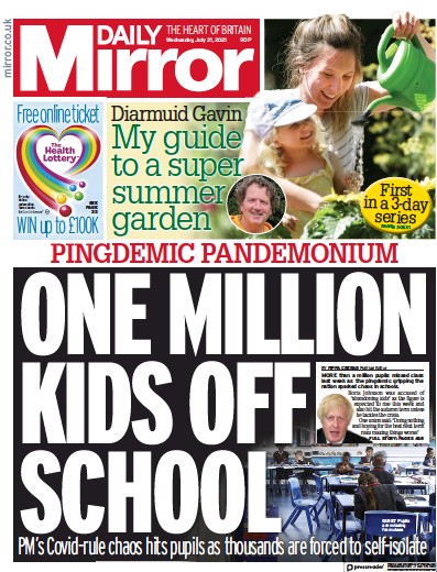 Daily Mirror Newspaper Front Page (UK) for 21 July 2021
