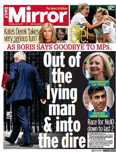 Daily Mirror Newspaper Front Page (UK) for 21 July 2022