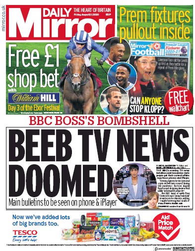 Daily Mirror Newspaper Front Page (UK) for 21 August 2020