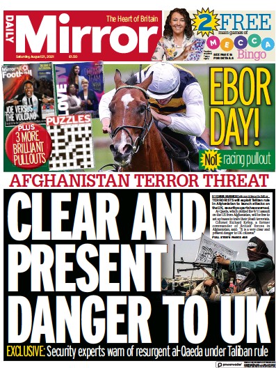 Daily Mirror Newspaper Front Page (UK) for 21 August 2021