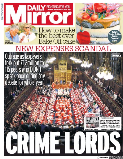 Daily Mirror Newspaper Front Page (UK) for 21 September 2017