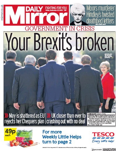 Daily Mirror Newspaper Front Page (UK) for 21 September 2018