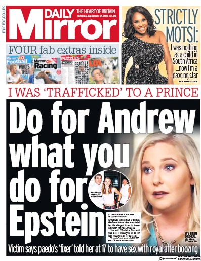 Daily Mirror Newspaper Front Page (UK) for 21 September 2019