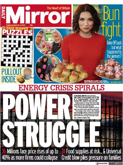 Daily Mirror Newspaper Front Page (UK) for 21 September 2021