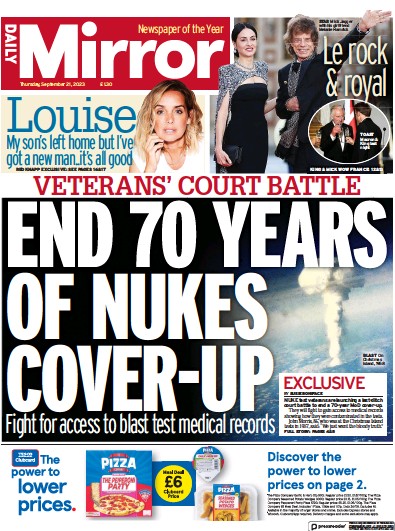Daily Mirror Newspaper Front Page (UK) for 21 September 2023