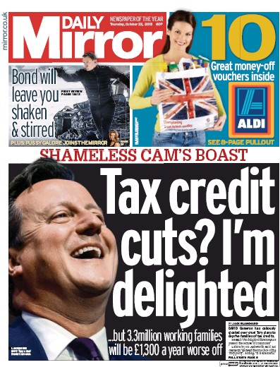 Daily Mirror Newspaper Front Page (UK) for 22 October 2015