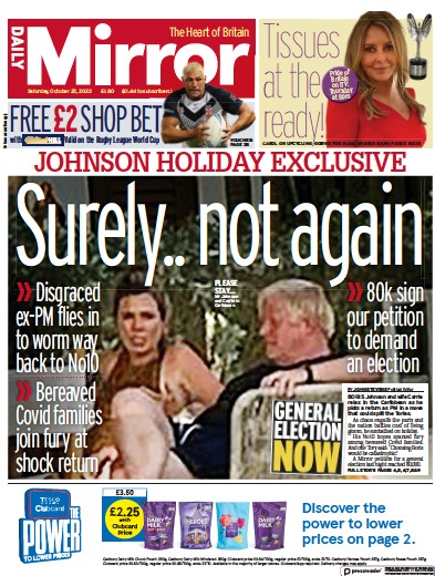 Daily Mirror Newspaper Front Page (UK) for 22 October 2022